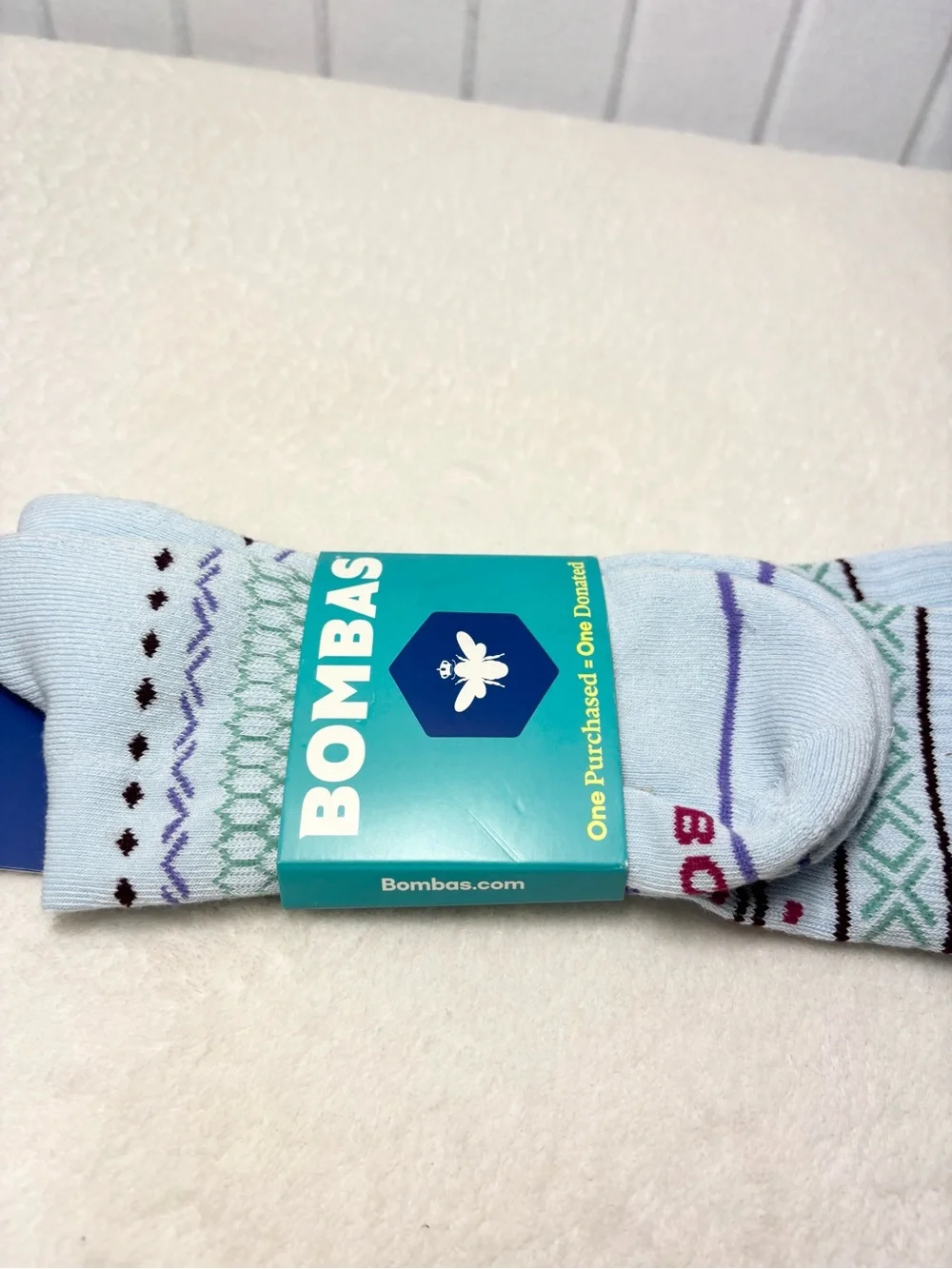 Bombas Light Blue Calf Socks with Green & Purple Pattern Size L